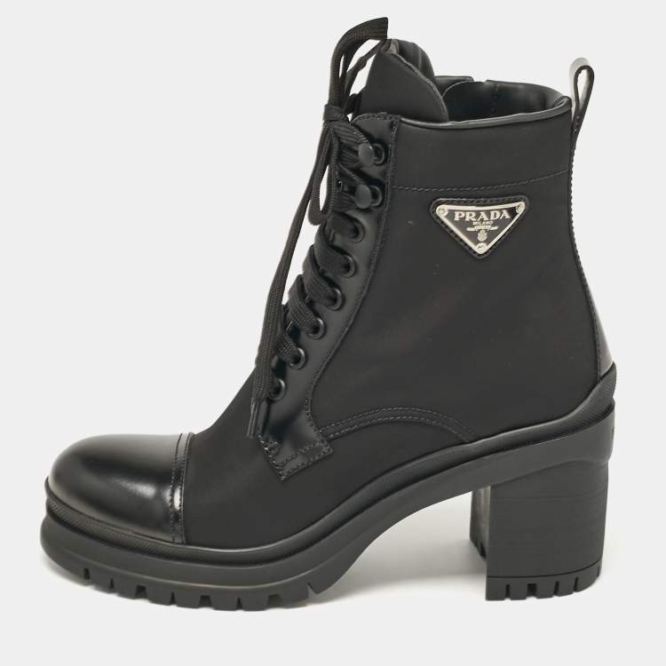 Pre Owned Prada Black Leather and Nylon Combat Boots Size  38