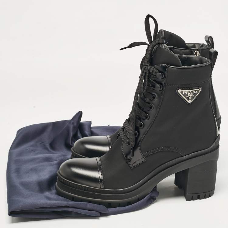 Pre Owned Prada Black Leather and Nylon Combat Boots Size  38