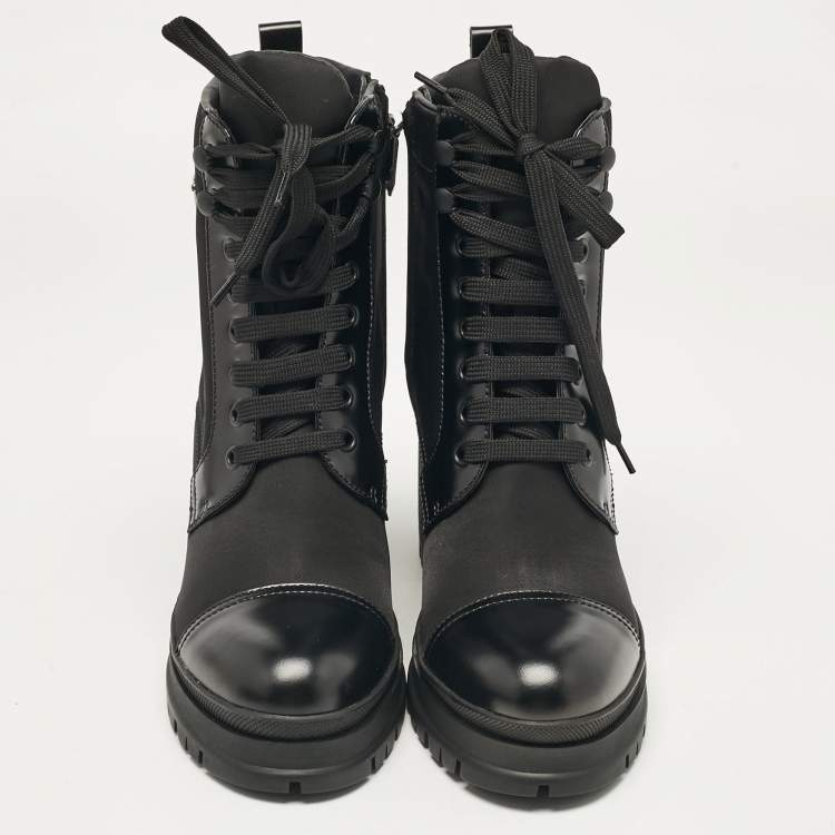 Pre Owned Prada Black Leather and Nylon Combat Boots Size  38