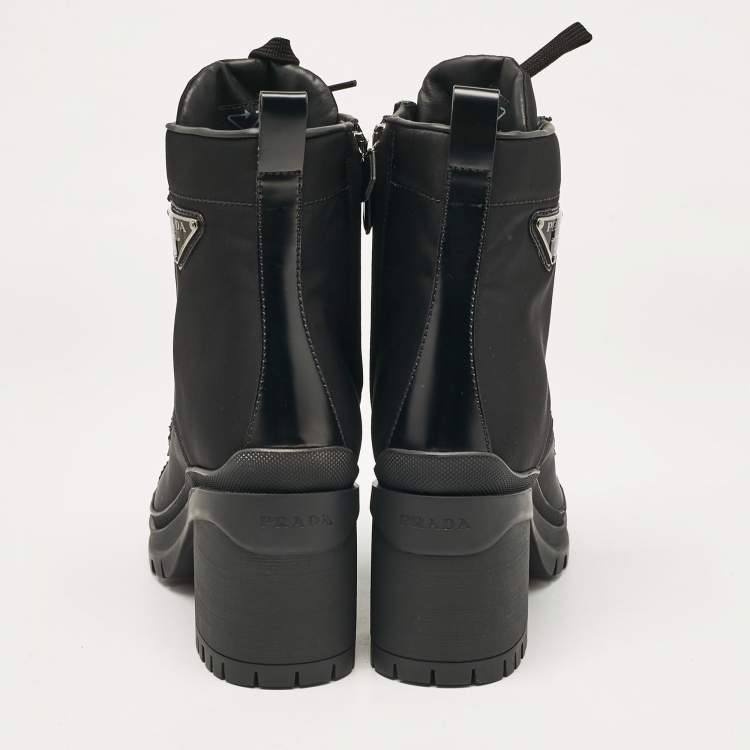 Pre Owned Prada Black Leather and Nylon Combat Boots Size  38