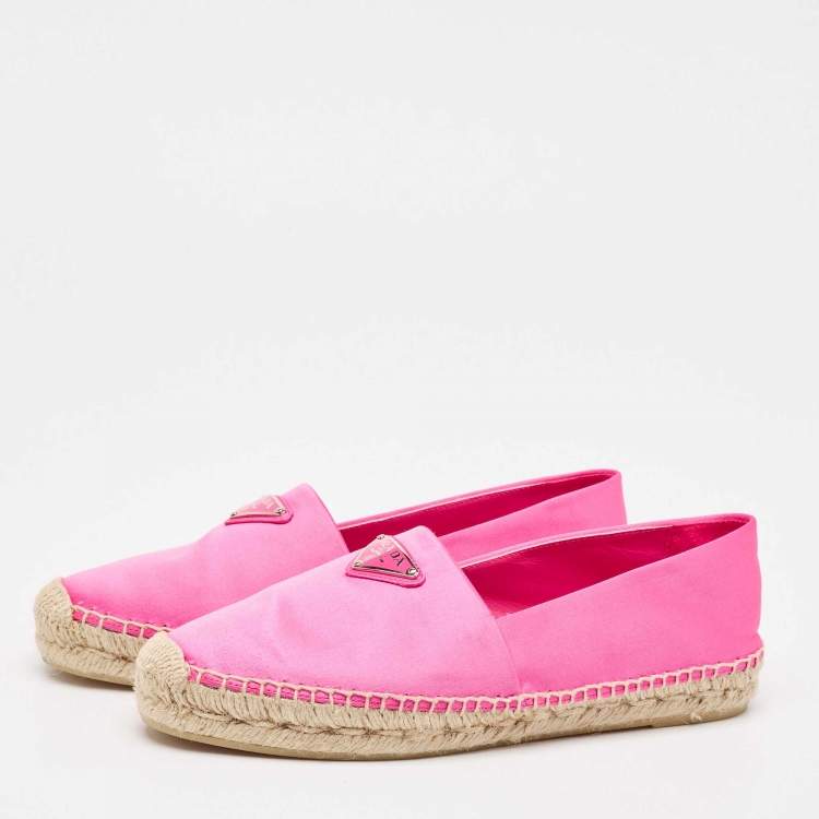 Pre Owned Prada Pink Satin Logo Plaque Espadrille Flats Size 38