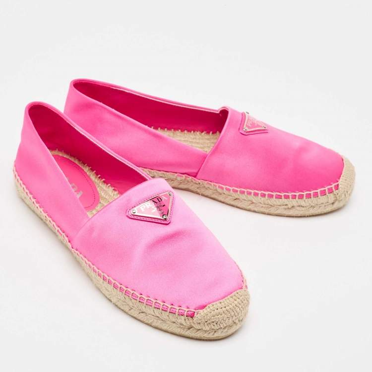 Pre Owned Prada Pink Satin Logo Plaque Espadrille Flats Size 38