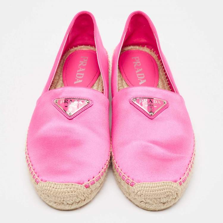 Pre Owned Prada Pink Satin Logo Plaque Espadrille Flats Size 38
