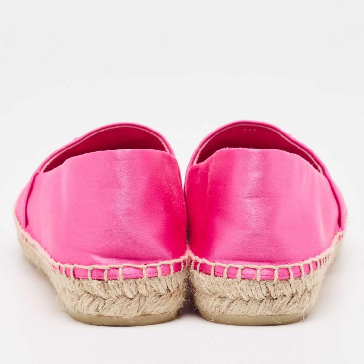 Pre Owned Prada Pink Satin Logo Plaque Espadrille Flats Size 38