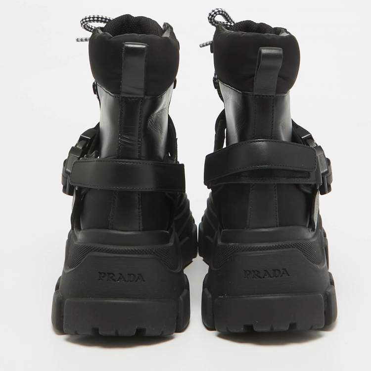 Pre Owned Prada Black Leather and Nylon Combat Boots Size 38.5