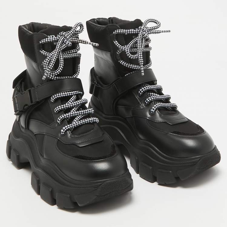 Pre Owned Prada Black Leather and Nylon Combat Boots Size 38.5