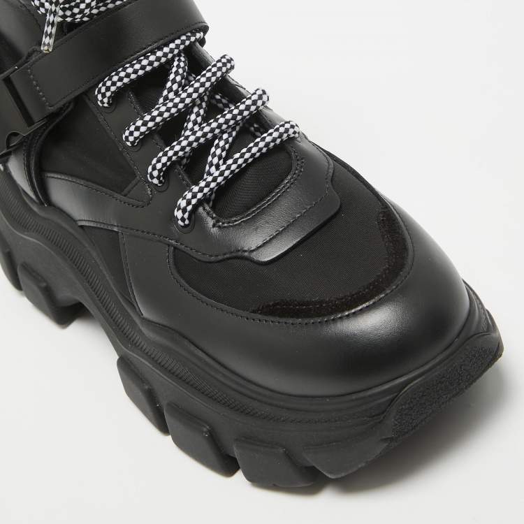 Pre Owned Prada Black Leather and Nylon Combat Boots Size 38.5