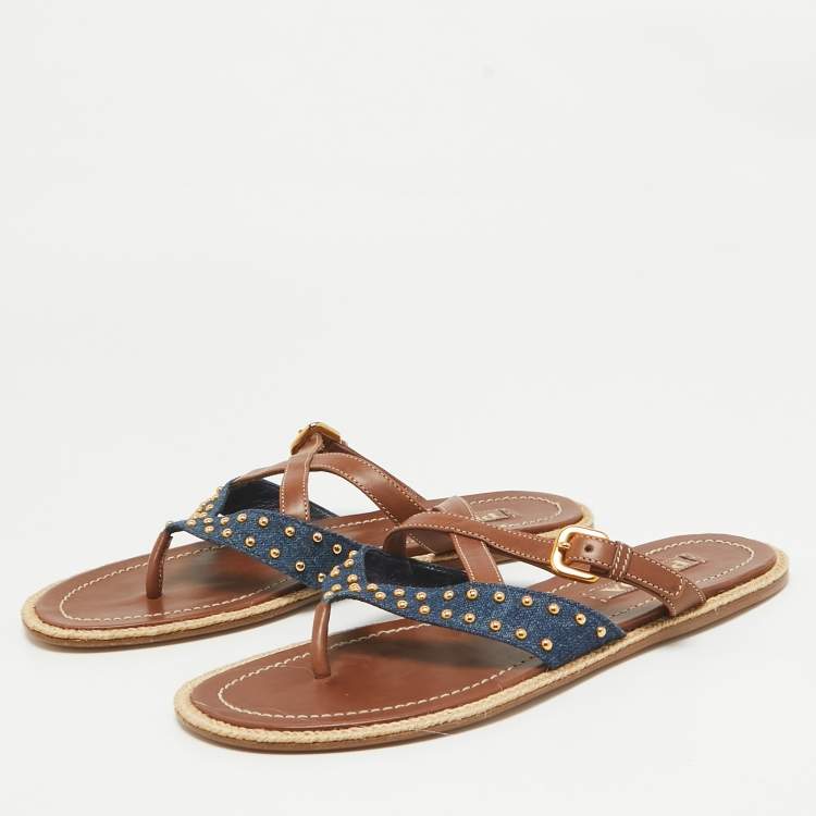 Pre Owned Prada Brown/Blue Denim and Leather Buckle Flat Slides Size 38.5