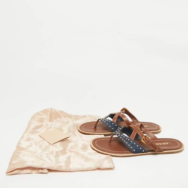 Pre Owned Prada Brown/Blue Denim and Leather Buckle Flat Slides Size 38.5