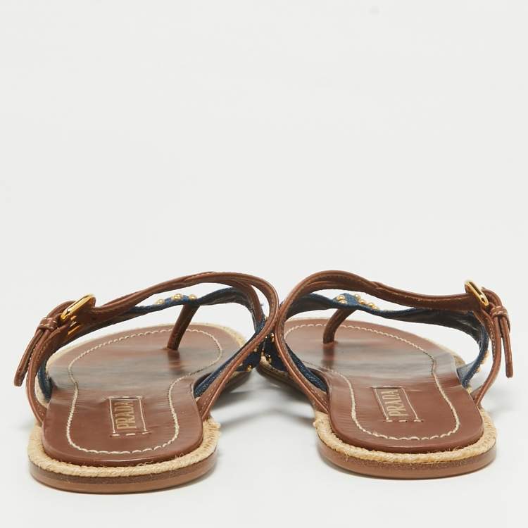 Pre Owned Prada Brown/Blue Denim and Leather Buckle Flat Slides Size 38.5