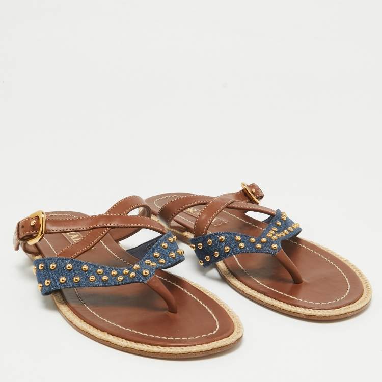 Pre Owned Prada Brown/Blue Denim and Leather Buckle Flat Slides Size 38.5