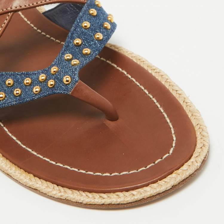 Pre Owned Prada Brown/Blue Denim and Leather Buckle Flat Slides Size 38.5