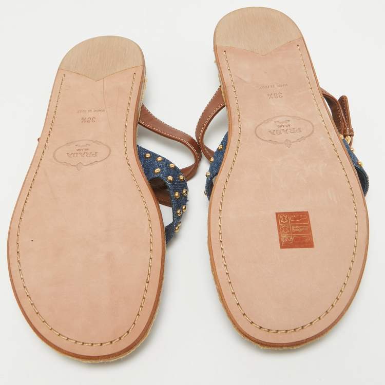 Pre Owned Prada Brown/Blue Denim and Leather Buckle Flat Slides Size 38.5