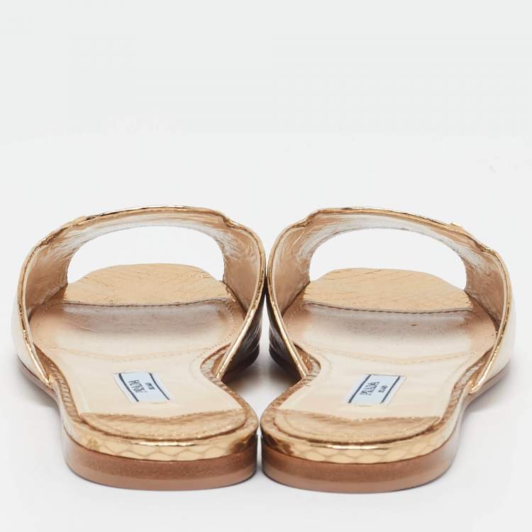 Pre Owned Prada Gold Embossed Python Flat Slides Size 35
