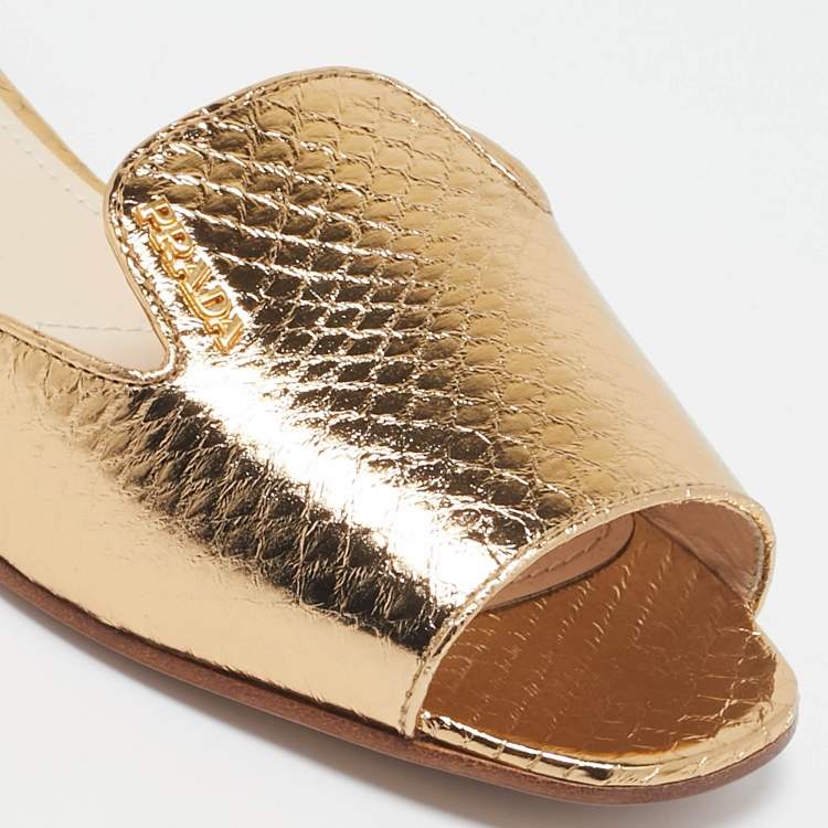 Pre Owned Prada Gold Embossed Python Flat Slides Size 35