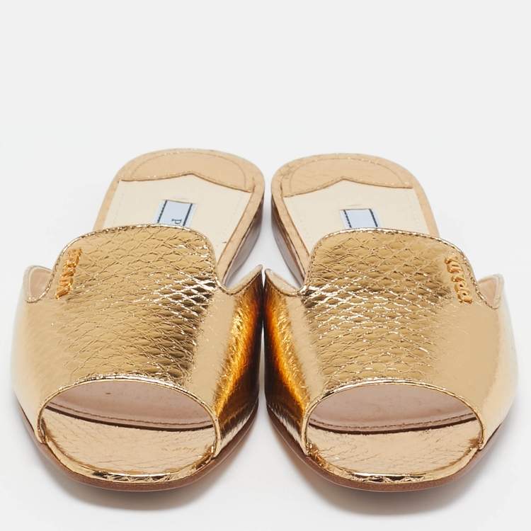 Pre Owned Prada Gold Embossed Python Flat Slides Size 35