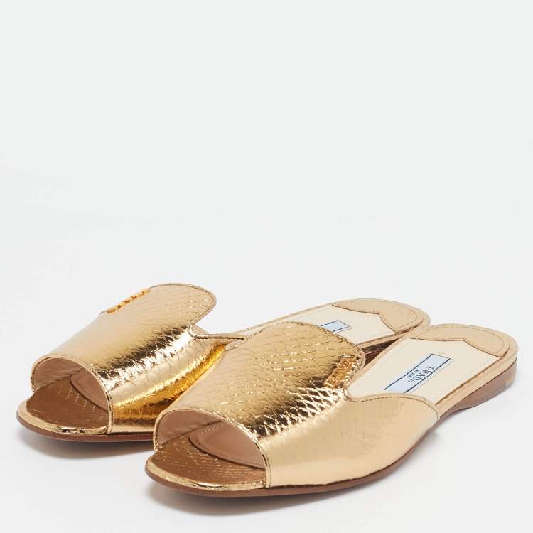 Pre Owned Prada Gold Embossed Python Flat Slides Size 35