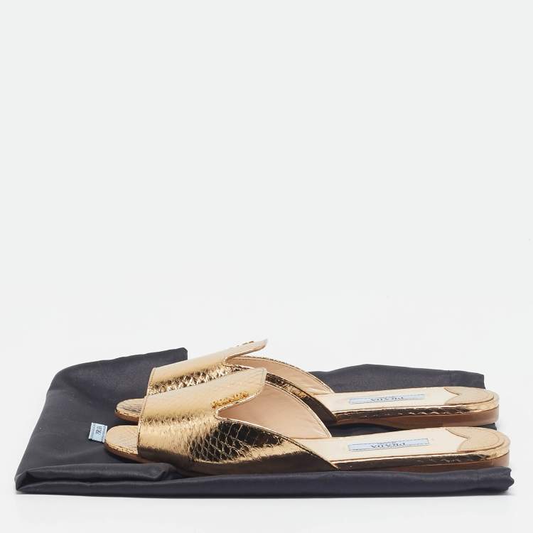 Pre Owned Prada Gold Embossed Python Flat Slides Size 35