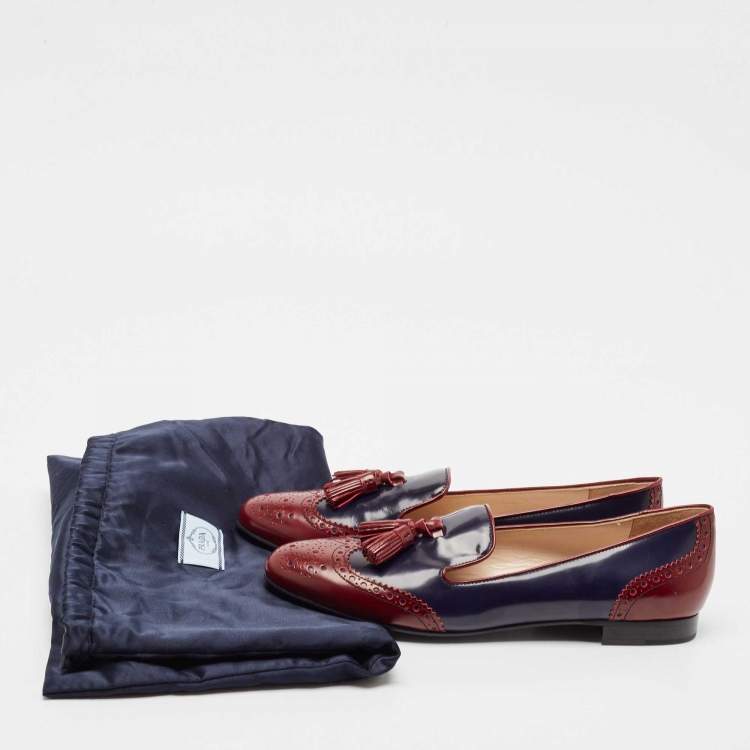 Pre Owned Prada Burgundy/Navy Blue Leather Smoking Slipper Flats Size 38