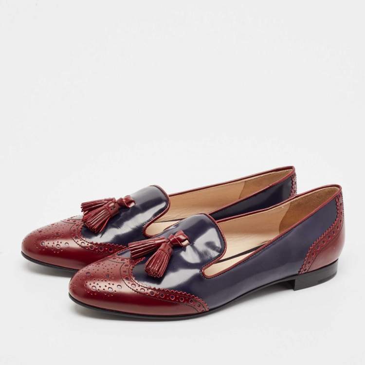 Pre Owned Prada Burgundy/Navy Blue Leather Smoking Slipper Flats Size 38