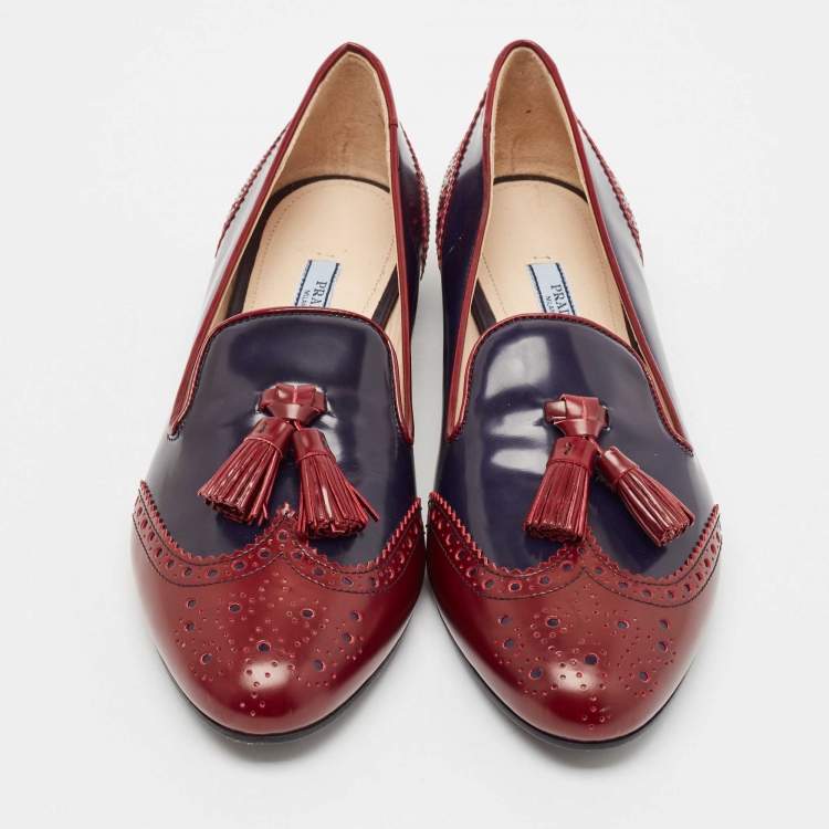 Pre Owned Prada Burgundy/Navy Blue Leather Smoking Slipper Flats Size 38