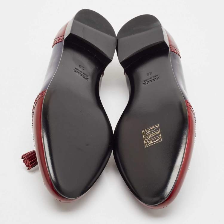 Pre Owned Prada Burgundy/Navy Blue Leather Smoking Slipper Flats Size 38