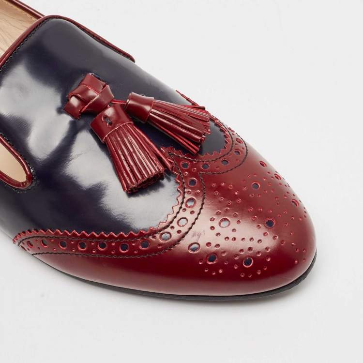 Pre Owned Prada Burgundy/Navy Blue Leather Smoking Slipper Flats Size 38