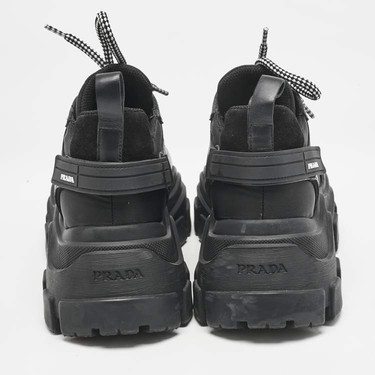 Pre Owned Prada Black Leather Nylon and Leather Pegasus Chunky Sneakers Size 38.5