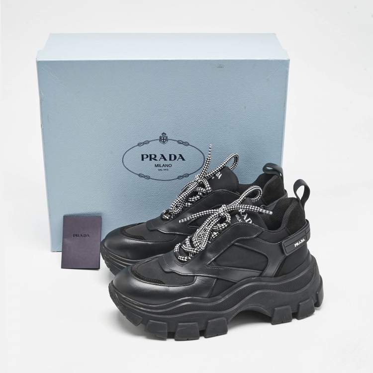Pre Owned Prada Black Leather Nylon and Leather Pegasus Chunky Sneakers Size 38.5