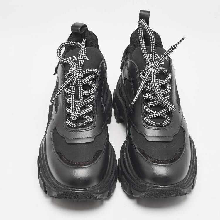 Pre Owned Prada Black Leather Nylon and Leather Pegasus Chunky Sneakers Size 38.5