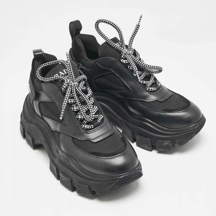 Pre Owned Prada Black Leather Nylon and Leather Pegasus Chunky Sneakers Size 38.5