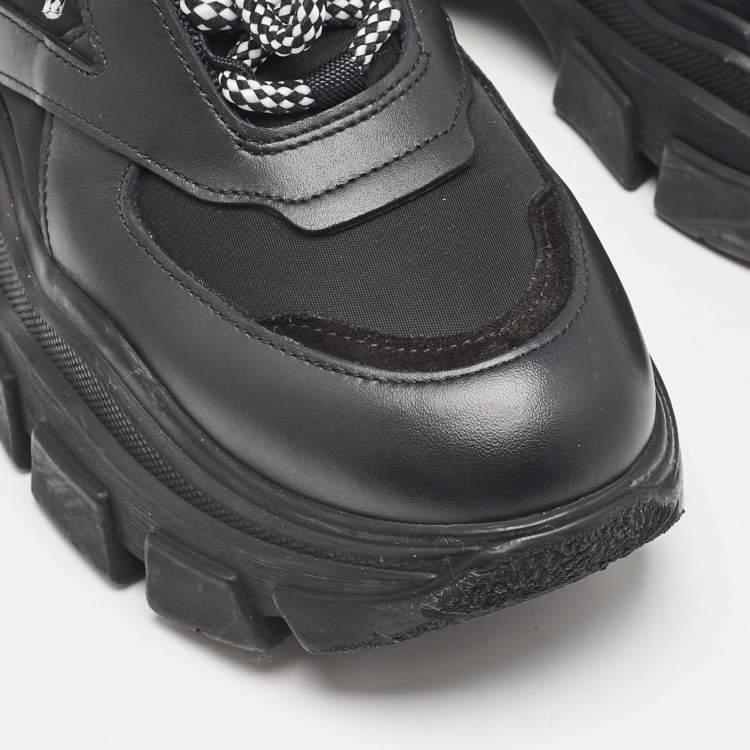 Pre Owned Prada Black Leather Nylon and Leather Pegasus Chunky Sneakers Size 38.5