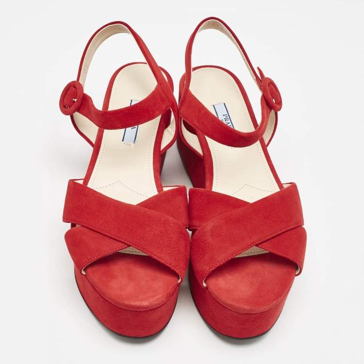 Pre Owned Prada Red Suede Platform Ankle Strap Sandals Size 38