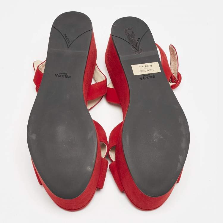 Pre Owned Prada Red Suede Platform Ankle Strap Sandals Size 38