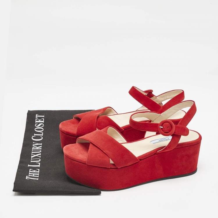 Pre Owned Prada Red Suede Platform Ankle Strap Sandals Size 38