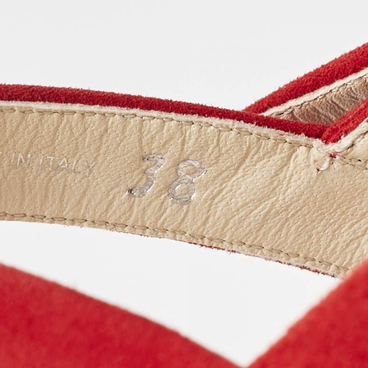 Pre Owned Prada Red Suede Platform Ankle Strap Sandals Size 38