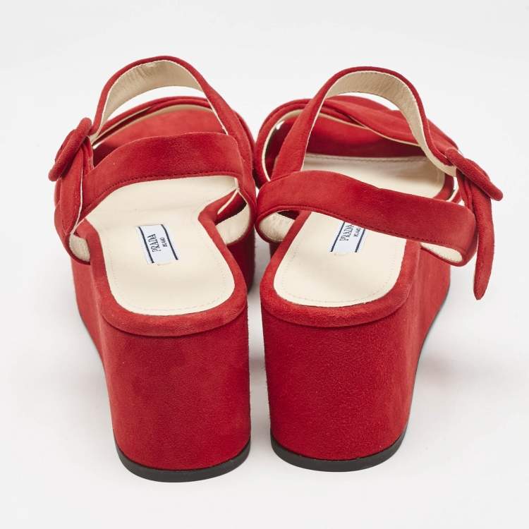 Pre Owned Prada Red Suede Platform Ankle Strap Sandals Size 38