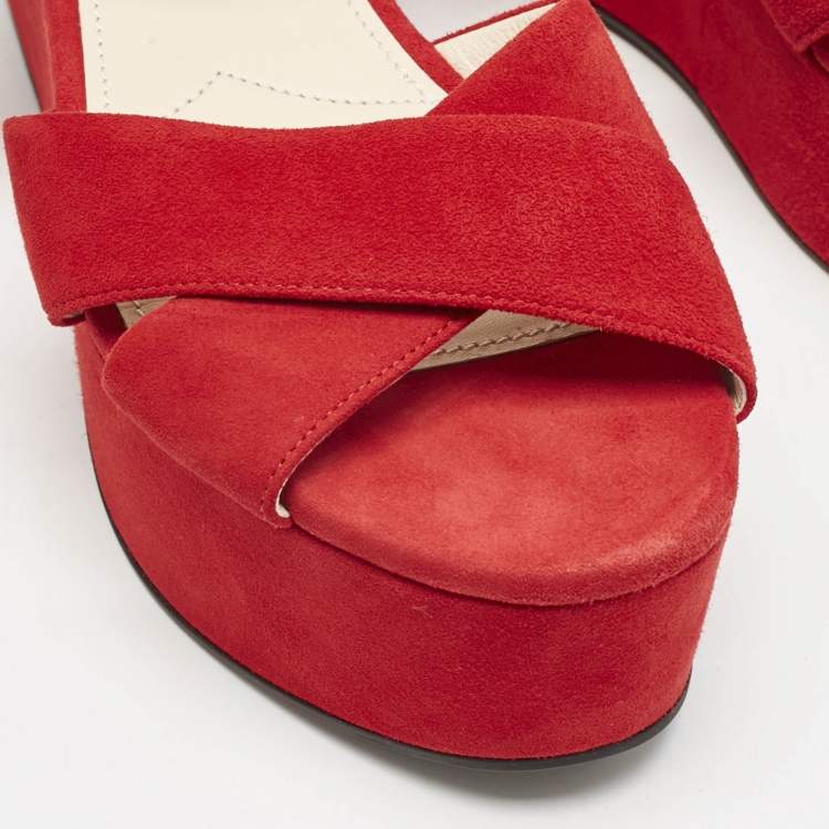 Pre Owned Prada Red Suede Platform Ankle Strap Sandals Size 38