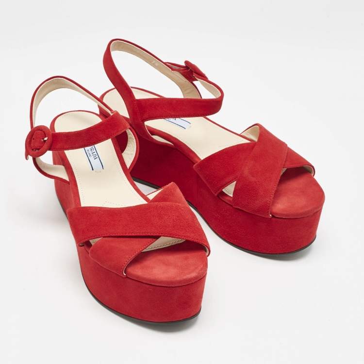 Pre Owned Prada Red Suede Platform Ankle Strap Sandals Size 38
