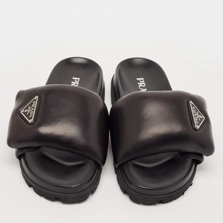 Pre Owned Prada Black Leather Padded Flat Slides Size 36.5