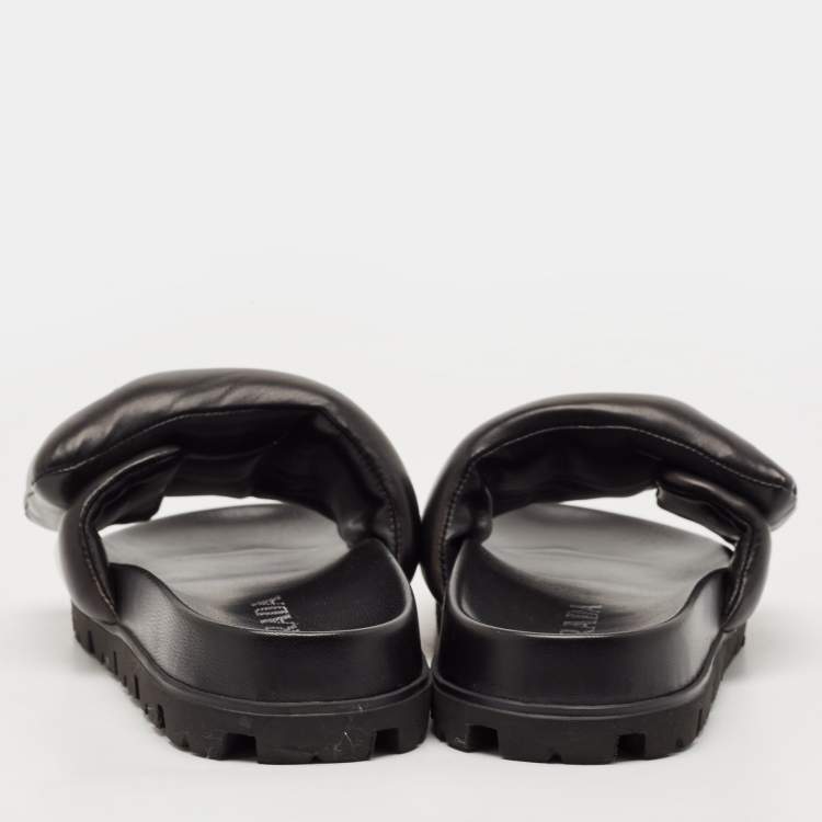 Pre Owned Prada Black Leather Padded Flat Slides Size 36.5