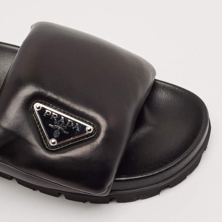 Pre Owned Prada Black Leather Padded Flat Slides Size 36.5