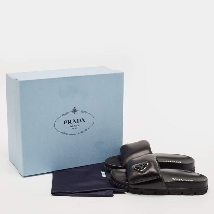 Pre Owned Prada Black Leather Padded Flat Slides Size 36.5