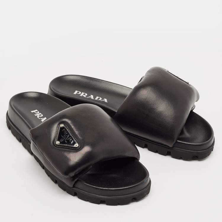 Pre Owned Prada Black Leather Padded Flat Slides Size 36.5