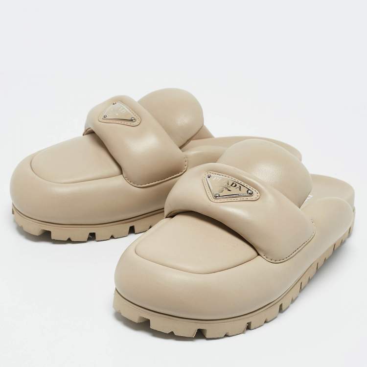 Pre Owned Prada Beige Leather Padded Flat Mules Size 37
