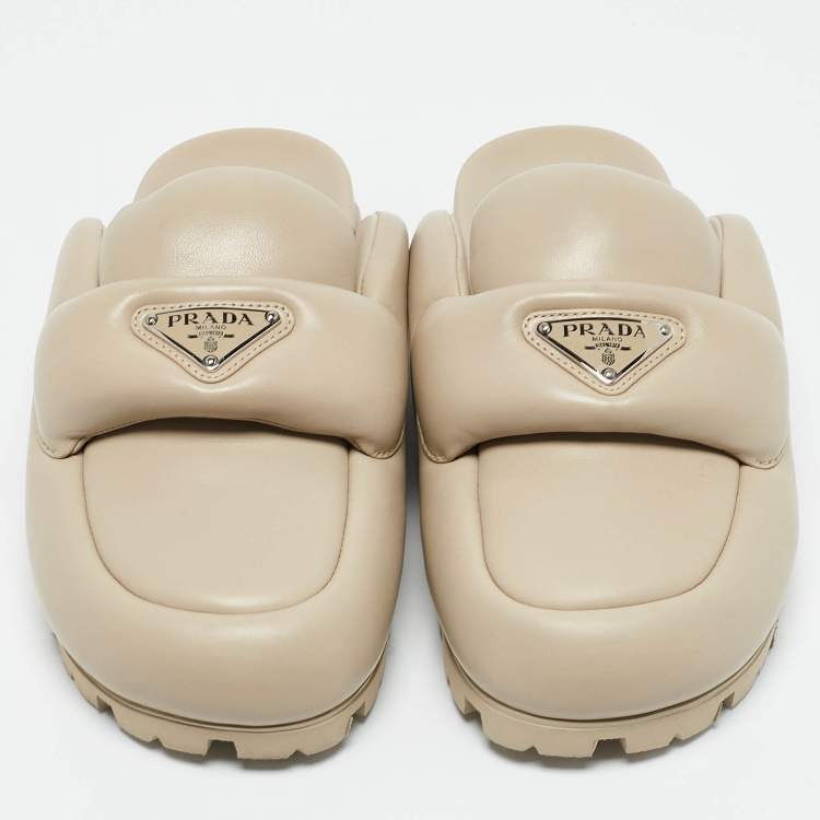 Pre Owned Prada Beige Leather Padded Flat Mules Size 37