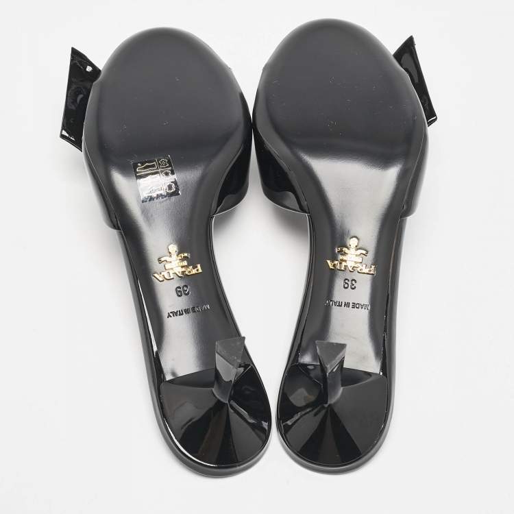 Pre Owned Prada Black Patent Leather and Satin Bow Slide Sandals Size 39