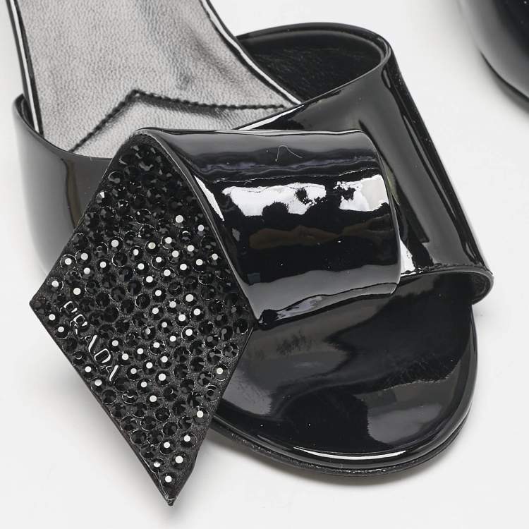 Pre Owned Prada Black Patent Leather and Satin Bow Slide Sandals Size 39
