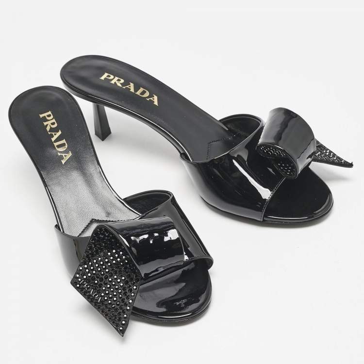 Pre Owned Prada Black Patent Leather and Satin Bow Slide Sandals Size 39