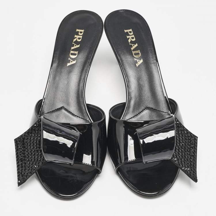 Pre Owned Prada Black Patent Leather and Satin Bow Slide Sandals Size 39